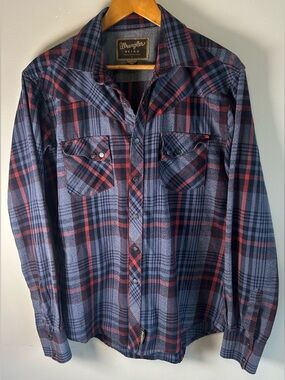 Wrangler Retro Men’s Western Shirt Plaid Flannel Snap Button Sz L Purple Red EUC